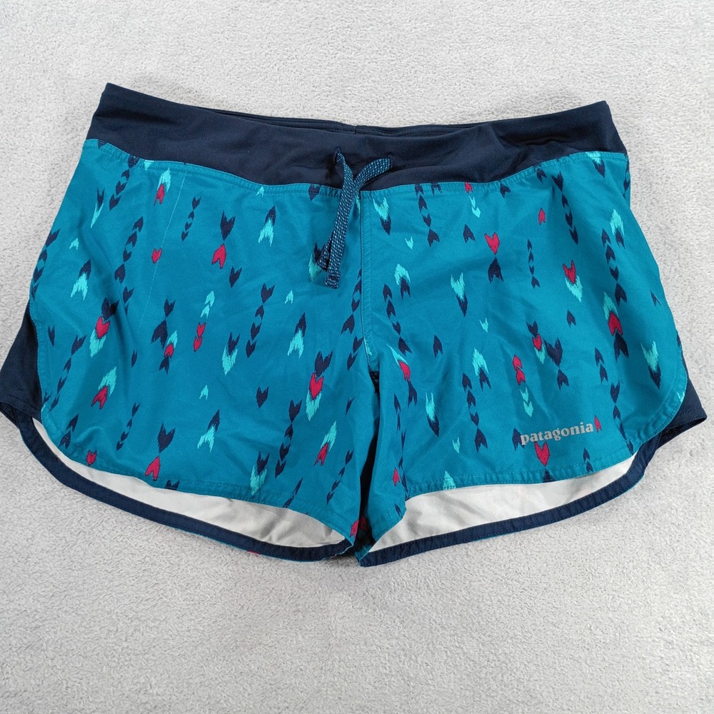 Patagonia Womens Strider Running Shorts Blue Geometric Print Small Drawstring